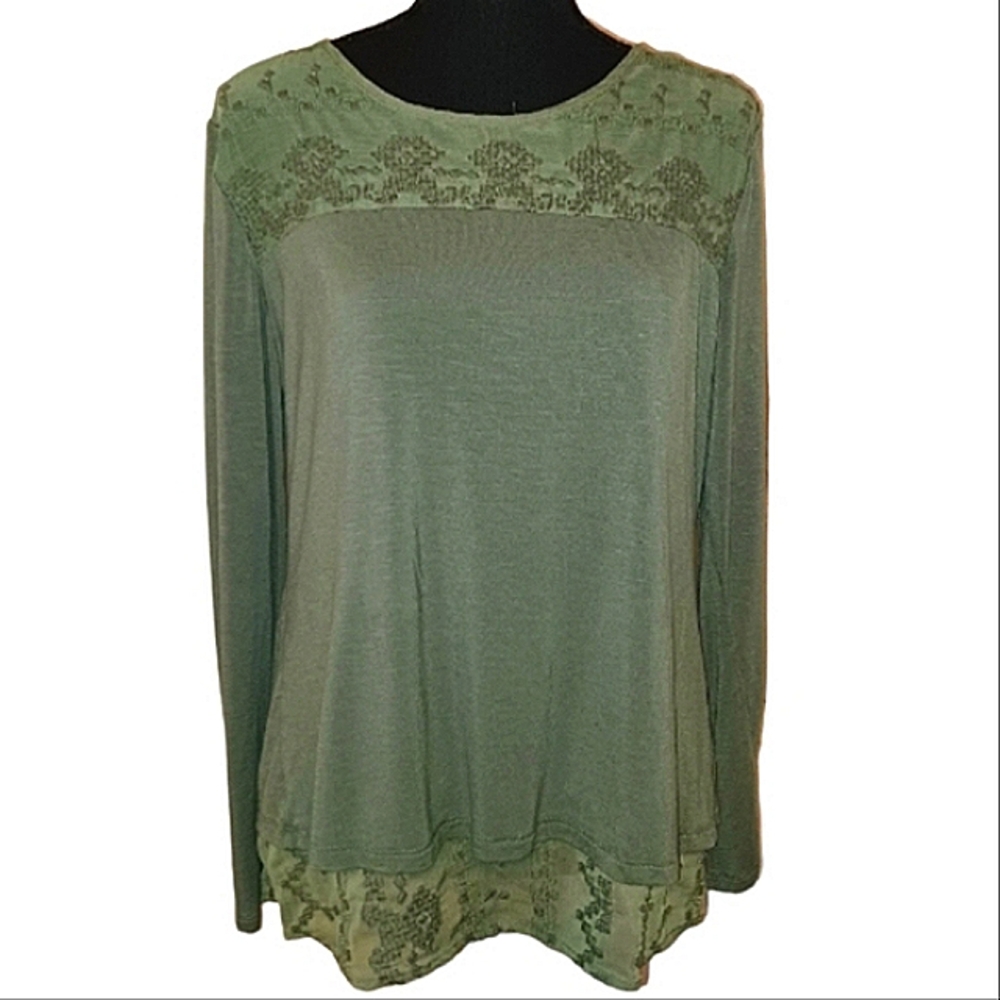 Adiva Layered Embroidered Knit Blouse Top Women's Sz Medium Olive Green